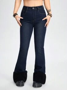 ROMWE Fairycore Fuzzy Panel Flare Leg Jeans - Blue - View 6