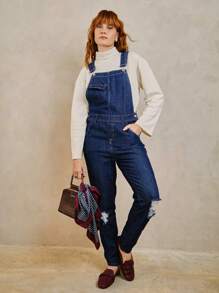 SHE(IN) BRASIL Ripped Pocket Front Denim Overalls - Rửa tối - Xem 3