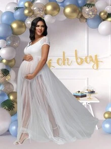 Maternity Mesh Splicing Lace Dress For Photoshoot Baby Shower - White - View 1