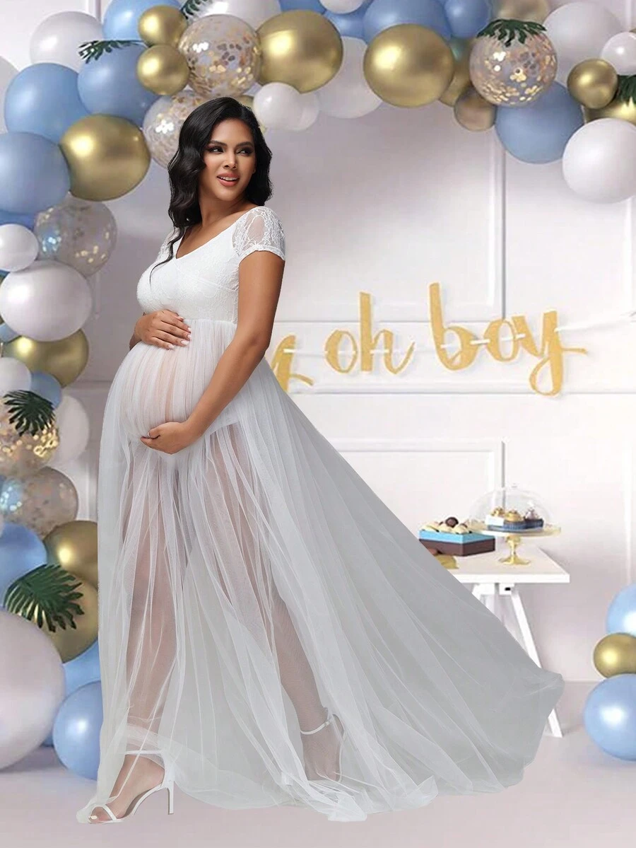 Maternity Mesh Splicing Lace Dress For Photoshoot Baby Shower - White - View 1
