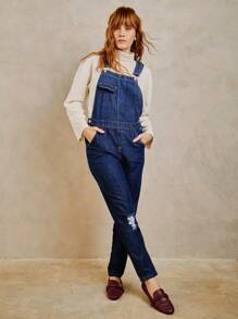 SHE(IN) BRASIL Ripped Pocket Front Denim Overalls - Rửa tối - Xem 7