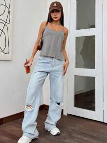 SHEIN EZwear Summer V-Neck Simple Basic Loose Camisole - Dark Grey - View 3