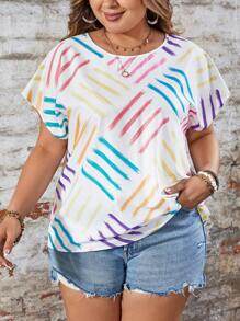 SHEIN LUNE Plus Size Summer Casual Round Neck Striped Printed Batwing Sleeve Loose Shirt - Multicolor - View 3