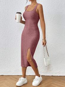SHEIN Frenchy Solid Rib-Knit Split Thigh Tight Tank Dress Summer Pink - Dusty Pink - View 1