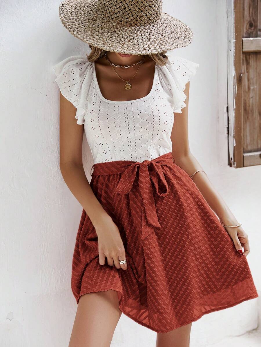 SHEIN Frenchy Colorblock Hollow Out Embroidered Round Neck Belted Dress Christmas Summer Casual - Redwood - View 1