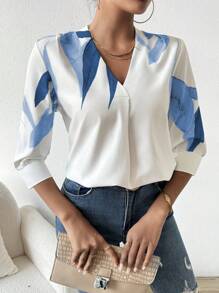 SHEIN Women V-Neck Printed Simple Daily Work Matching Spring/Summer Short-Sleeved Shirt,Three Quarter Sleeve Tops - Blue - View 4