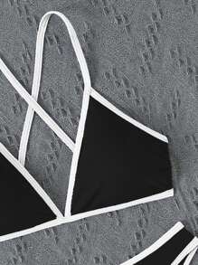 Swim Vcay Color-Blocking Bikini Set With Edging And Separate Top And Bottom, Summer Beach - Black and White - View 6