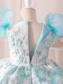 SHEIN Young Girls' Cute Floral Jacquard Patchwork Organza Ruffle Layered Dress