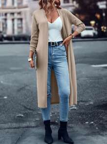 EMERY ROSE 女士純色度假長款開襟衫，適用於春季 - 卡其色 - 查看 5