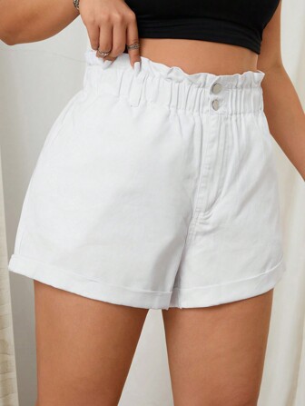 SHEIN EZwear Plus Size White Elastic Waist Ruffled Hemline Folded Edge Denim Sexy Mini Shorts