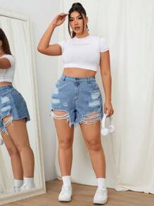 SHEIN EZwear Plus Size Light Washed Blue Distressed Sexy Mini Shorts - Light Wash - View 5