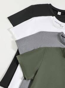 SHEIN Vacaura 4pcs/Pack Teen Boy Plain Colored Short Sleeve T-Shirt For Daily Wear, Classic Round Neck Design, Soft And Comfortable Teeholiday,Summer,Travel,Getaway, School, Campus, College - Multicolor - View 4