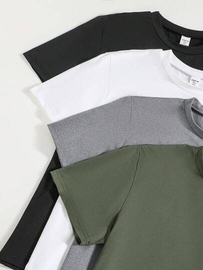 SHEIN Vacaura 4pcs/Pack Teen Boy Plain Colored Short Sleeve T-Shirt For Daily Wear, Classic Round Neck Design, Soft And Comfortable Teeholiday,Summer,Travel,Getaway, School, Campus, College