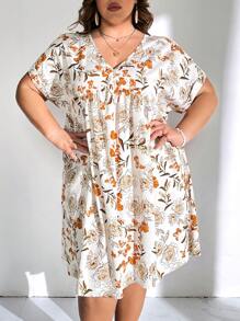 SHEIN CURVE+ 夏季假期大碼花卉印花蝙蝠袖連衣裙 - 彩色 - 查看 7
