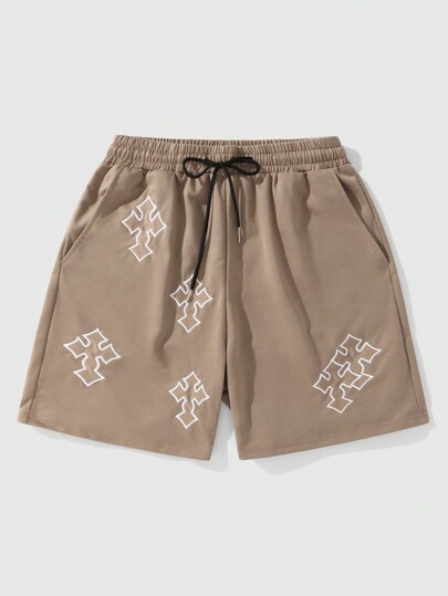 Goth Pantalones cortos con cintura de cordón y bordado cruzado para hombres, escolar