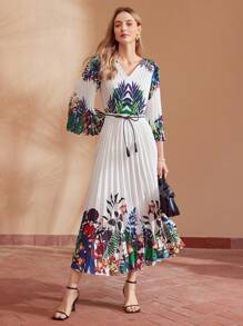 MOTF PREMIUM TROPICAL PRINT V-NECK BELTED DRESS