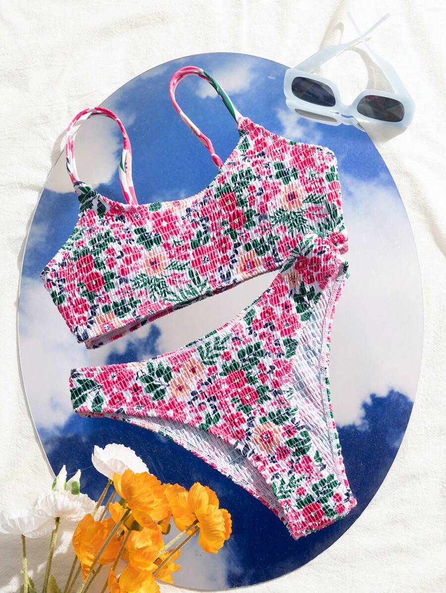 SHEIN Swim Summer Beach Women Holiday Floral Print Halter Bikini Set