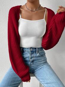 SHEIN EZwear Women Short Knitted Cardigan, Versatile And Simple, Open-Front Design,Long Sleeve Tops In Fall/Winter - Red - View 6