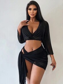 SHEIN Swim Summer Beach Women's Solid Color Cardigan Set, 2pcs - Black - View 1