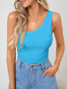 Firerie Women Solid Color Asymmetrical Collar Slim Fit Sleeveless Top For Summer - Blue - View 4