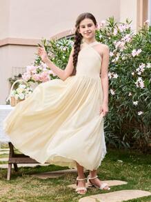 SHEIN Tween Girls Chiffon Halter Neck Flower Printed Wedding Season Long Dress - Champagne - View 3