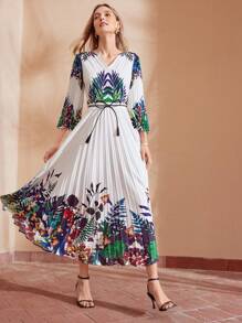 MOTF PREMIUM TROPICAL PRINT V-NECK BELTED DRESS