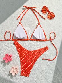 Swim Mod 波點印花蝴蝶結裝飾分離式比基尼套裝，夏日沙灘 - 紅色 - 查看 2