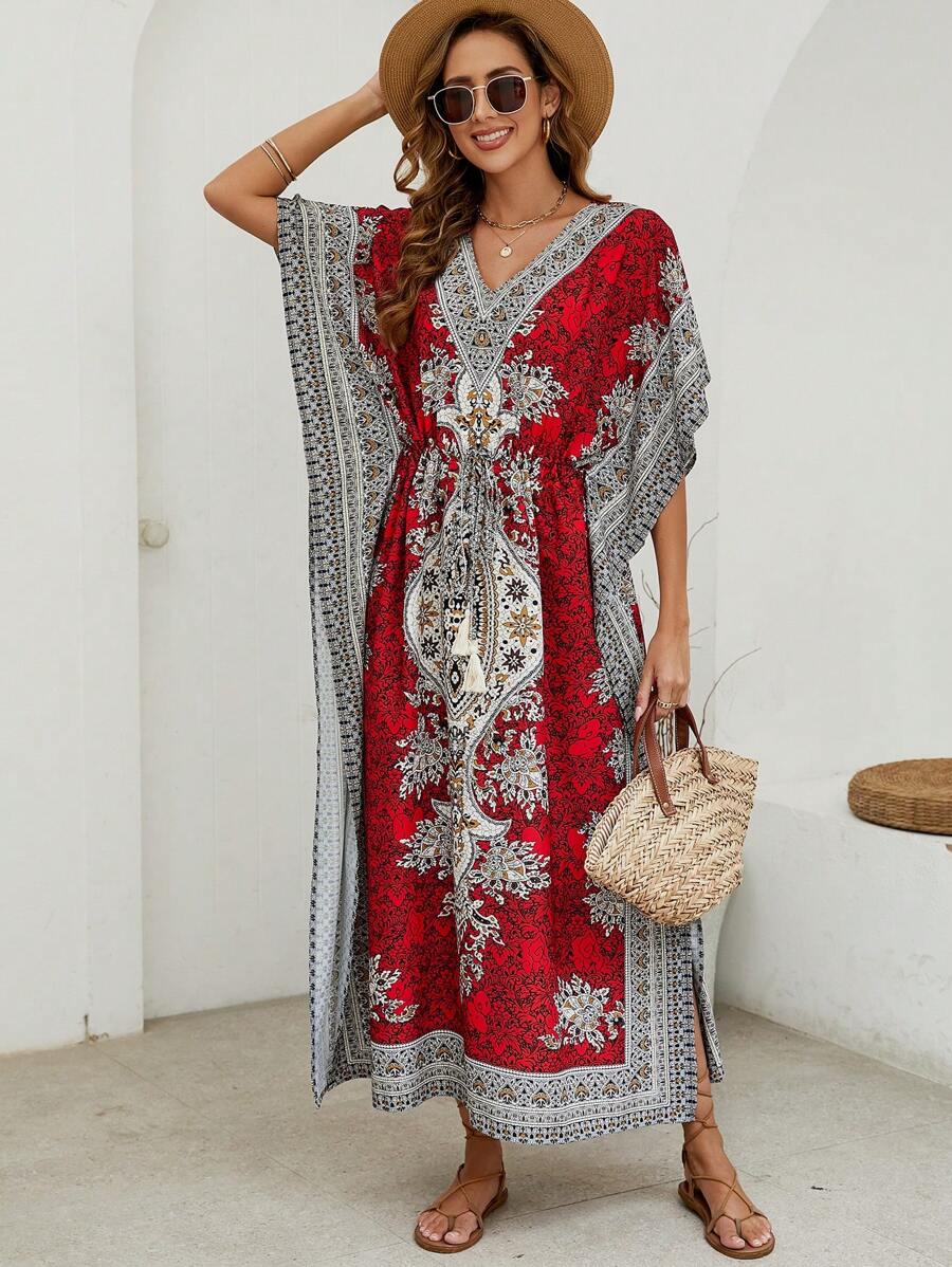 Bohemian Beach Dress Beach Cover Up, Loose Fit Swimsuit Cover Up, For Holiday At The Beach - Red - View 1