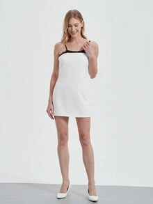 Women Contrast Lace Trim Sleeveless Slip Mini Dress, Summer - White - View 4