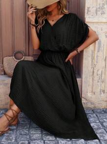 SHEIN LUNE Summer Casual Simple V-Neck Drawstring Waist Split Texture Dress