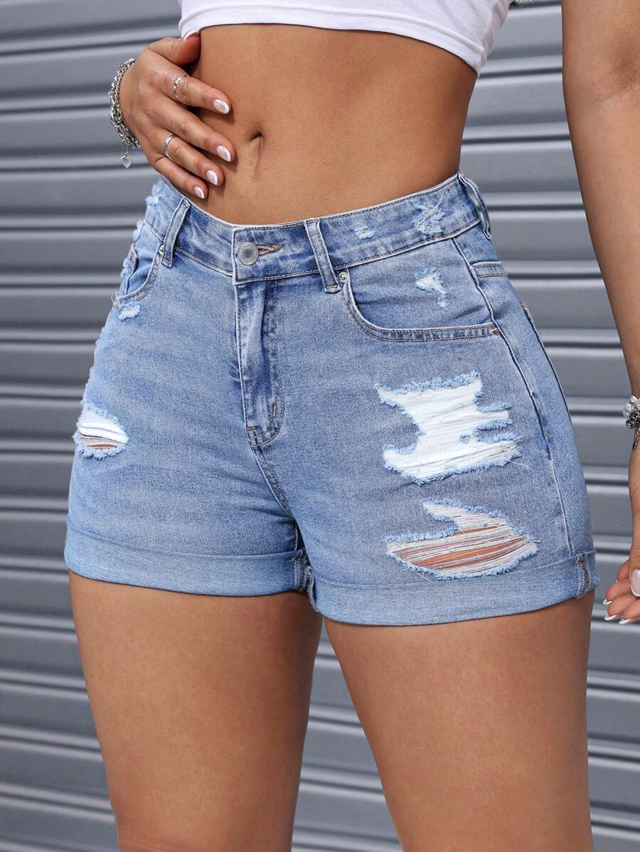 SHEIN EZwear Pantalones cortos de mezclilla simples y diarios con huecos para mujeres - Azul lavado medio - Ver 1