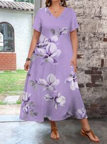 EMERY ROSE Plus-size dames bloemenprint lange getailleerde casual jurk, zomer