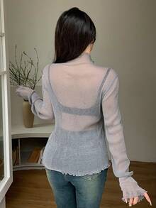 DAZY Women Spring / Summer Sexy See-Through Long Sleeve T-Shirt - Grey - View 2