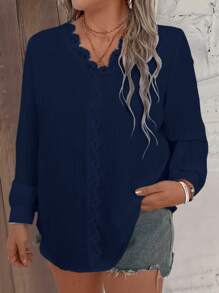 SHEIN LUNE Women's Plus Size V-Neck Solid Color Casual Shirt - Navy Blue - View 1