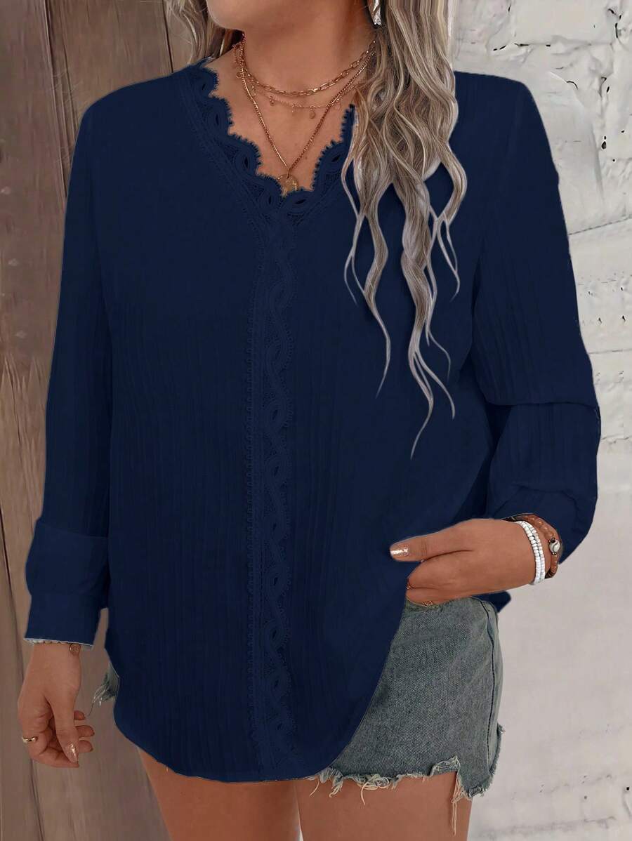 SHEIN LUNE Women's Plus Size V-Neck Solid Color Casual Shirt - Navy Blue - View 1