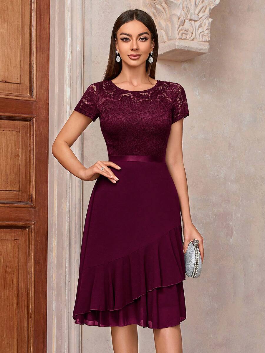 MIUSOL Contrast Floral Lace Chiffon Insert Ruffle Trim Cocktail Party A-Line Dress