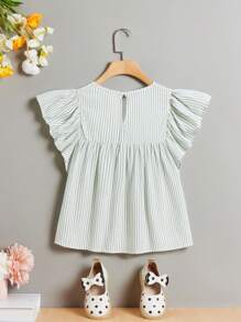 SHEIN Chemise rayée décontractée à manches à volants à encolure ronde brodée pour jeunes filles - Vert menthe - Voir 2