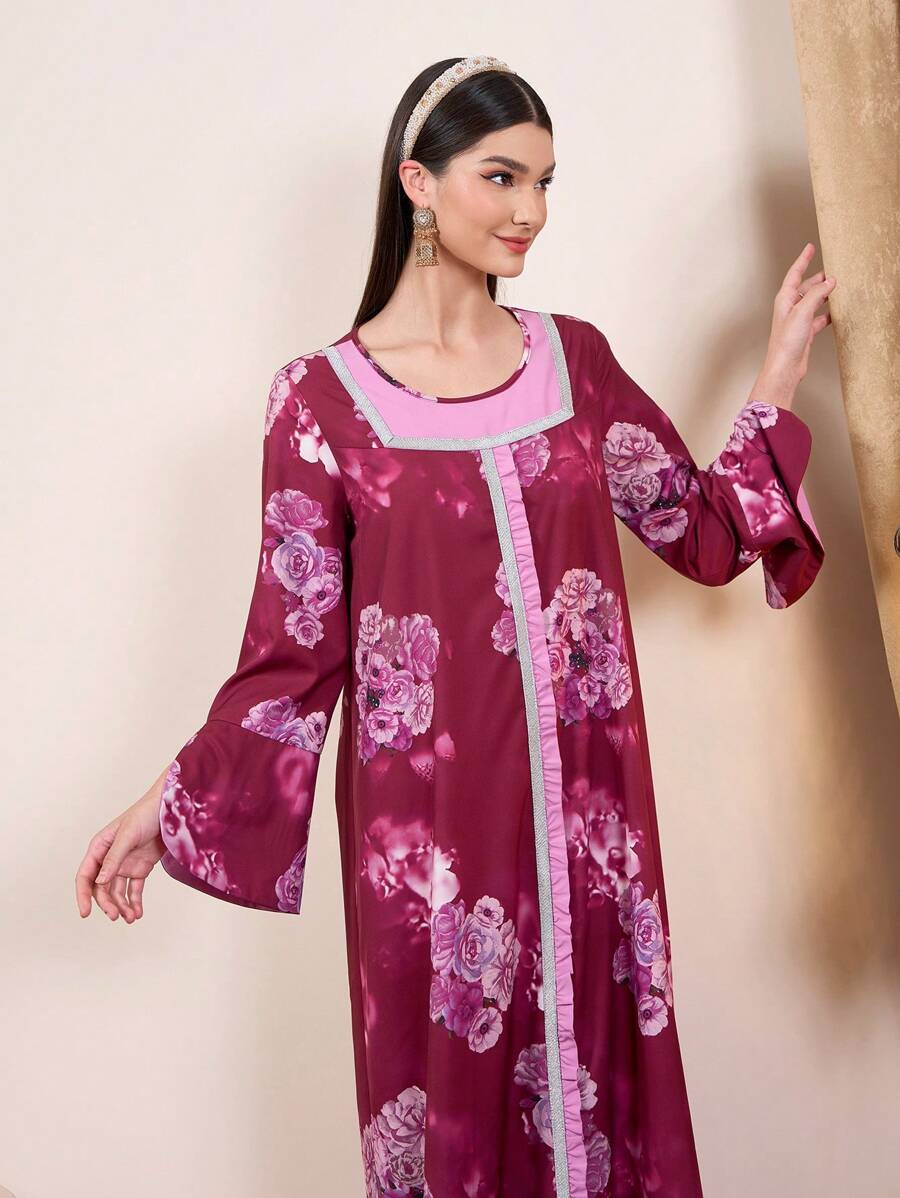 Al Najma 女性長袖阿拉伯花卉印花連衣裙 - 彩色 - 查看 1