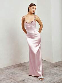 PARTHEA Đầm dài sang trọng bằng satin xếp ly, dây mảnh, đính hoa, thích hợp cho tiệc tối, đám cưới, lễ tốt nghiệp, tiệc chiêu đãi, kỳ nghỉ xuân, màu hồng. - Hồng - Xem 5