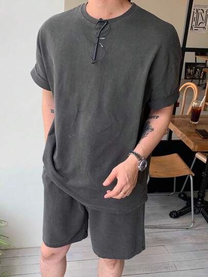 DAZY 男士夏季纯色短袖上衣和短裤两件套，舒适服装