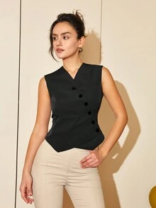 Amyenjoylife 女士春夏休闲短款西装背心，斜扣开合，复古风商务休闲 - 黑色 - 查看 3
