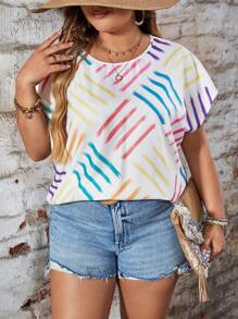SHEIN LUNE Plus Size Summer Casual Round Neck Striped Printed Batwing Sleeve Loose Shirt - Multicolor - View 1