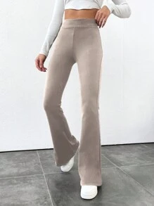 SHEIN Tall Women's Solid Color Flare Leggings - Beige - View 4