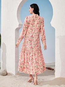 Mulvari Floral Print Ruffle Hem Smock Dress - Pink - View 2