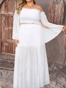 SHEIN Clasi 大码女式夏季度假风荷叶边露肩喇叭袖短款上衣和半裙套装 - 白色 - 查看 5