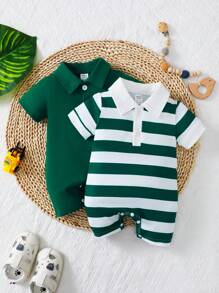 SHEIN 2pcs Cute Casual Color-Block Stripe Collared Short Sleeve Romper With Button-Front And Shorts For Baby Boy - Dark Green - View 7