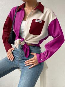 SHEIN Unity Màu sắc Chặn Túi Nút Phía Trước Dài Tay Mùa Xuân Áo Sơ Mi Thường Ngày - Nhiều màu - Xem 6