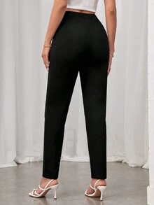 SHEIN Tall Pantaloni neri aderenti per donne con dettaglio a catena e tasche crociate - nero - Visualizzare 4
