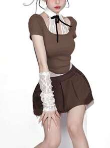 INAWLY Damska koszulka o krótkim kroju z koronkowym łączeniem 2 w 1, lato