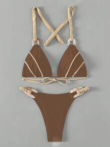 SHEIN Swim Summer Beach Women Vacation Colorblock Bikini Set - Khaki - View 1